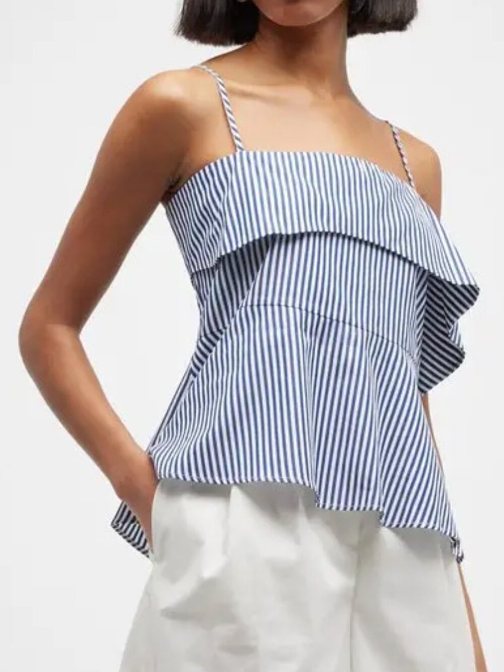 NWT Harshman Maia Asymmetrical Navy + White Striped Ruffle OTS Blouse